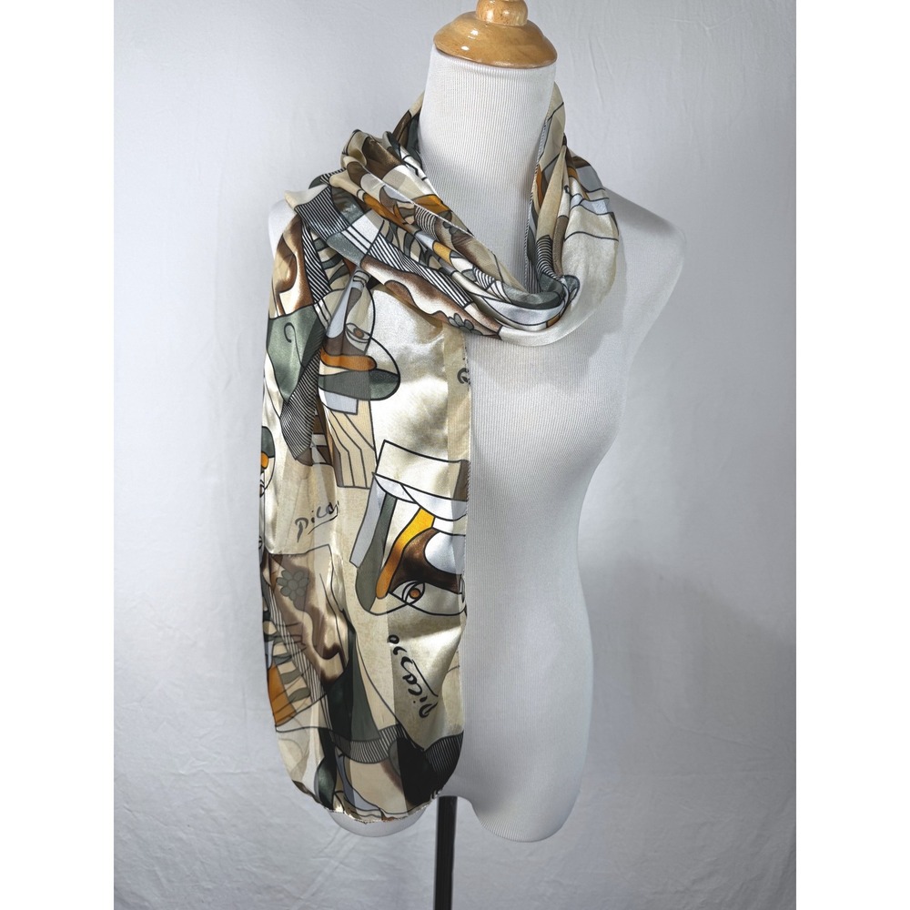 Picasso‎ Scarf Women 12x60 Cream Good Cubist Art Print Silky Rectangular Wrap